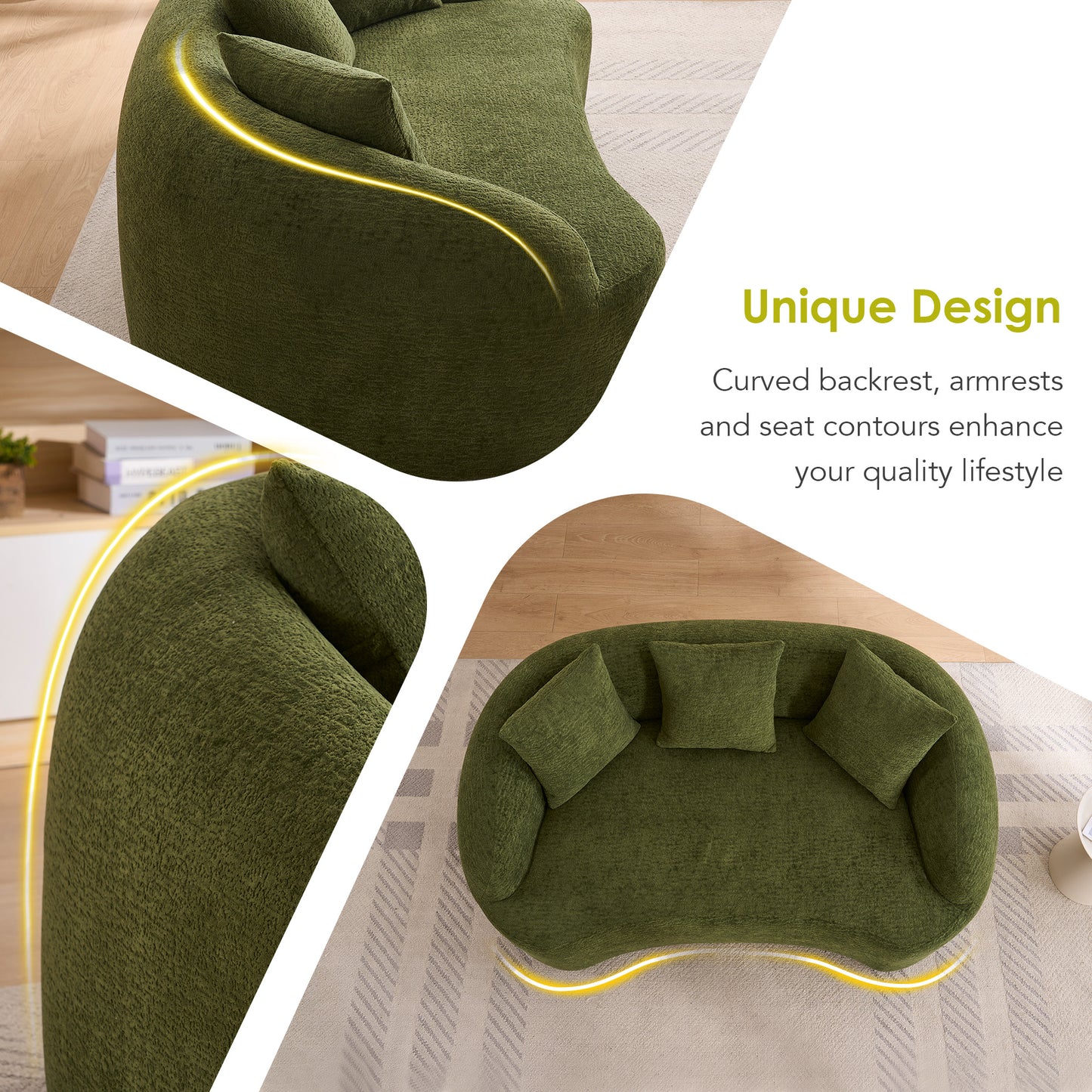 LY-049S Curved Modern Boneless Sofa Loveseat  Backrest Upgrade  2-Seater Green Chenille Compression Couch With 3 Pillows  Minimalist Modular Couches For Living Room  Office  Apartment  Guest Room