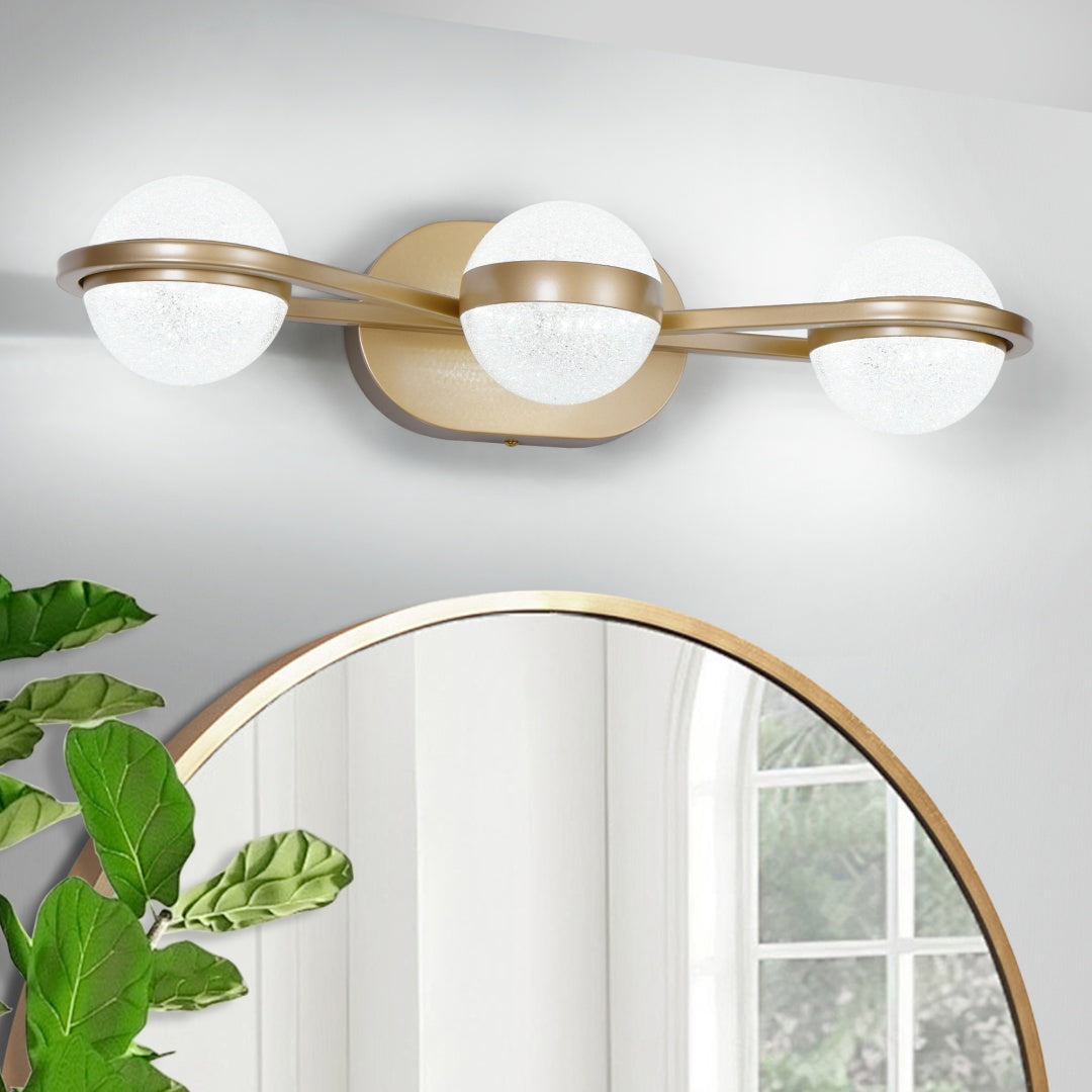 Bathroom Vanity Light, LED 3 Bulb Crystal Sand Acrylic Shades, Wall Mounted Decorative Lighting Fixture, Suitable For Bathroom Vanity Mirror Champagne Gold