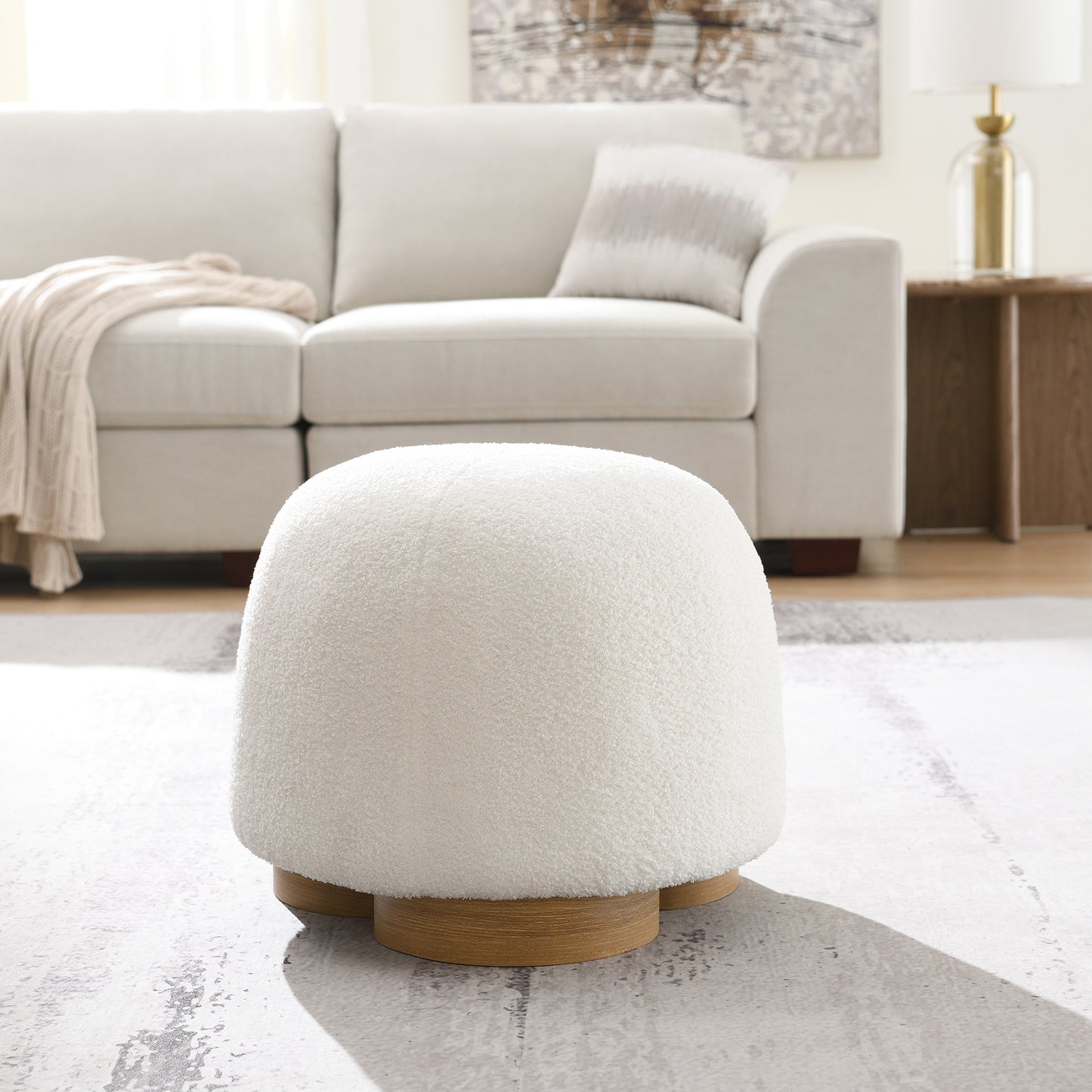 Fully Assembled Round Soft Teddy Fabric Upholstered Ottoman, Footstool With Soft Padded Seat, Fully Assembled Modern Sofa Couch Footrest, Extra Seating For Bedroom Entryway, White
