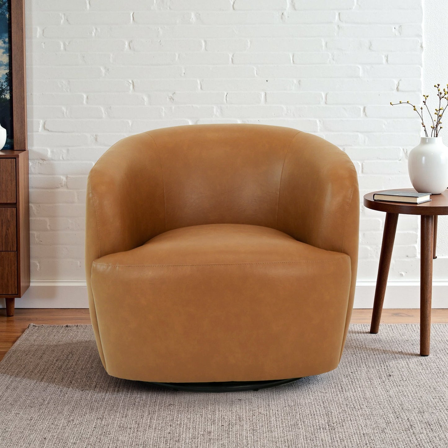 Mina 32   W Tan Vegan Leather Upholstered Swivel Barrel Chair