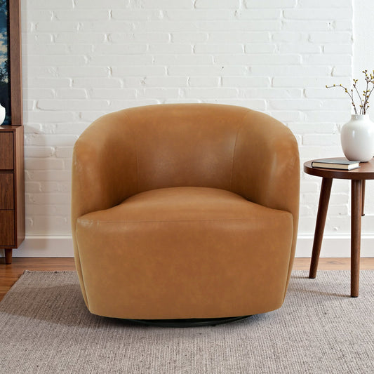 Mina 32   W Tan Vegan Leather Upholstered Swivel Barrel Chair