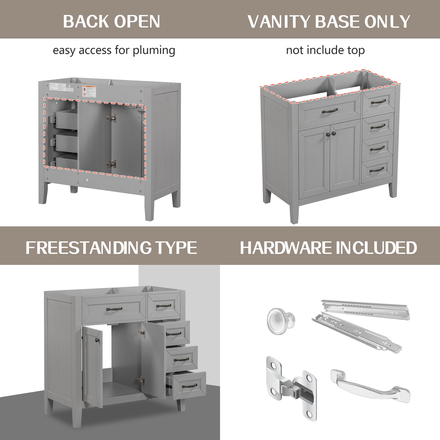 36  Bathroom Vanity Without Sink, Cabinet Base Only, Bathroom Cabinet With Drawers, Solid Frame And MDF Board, Grey