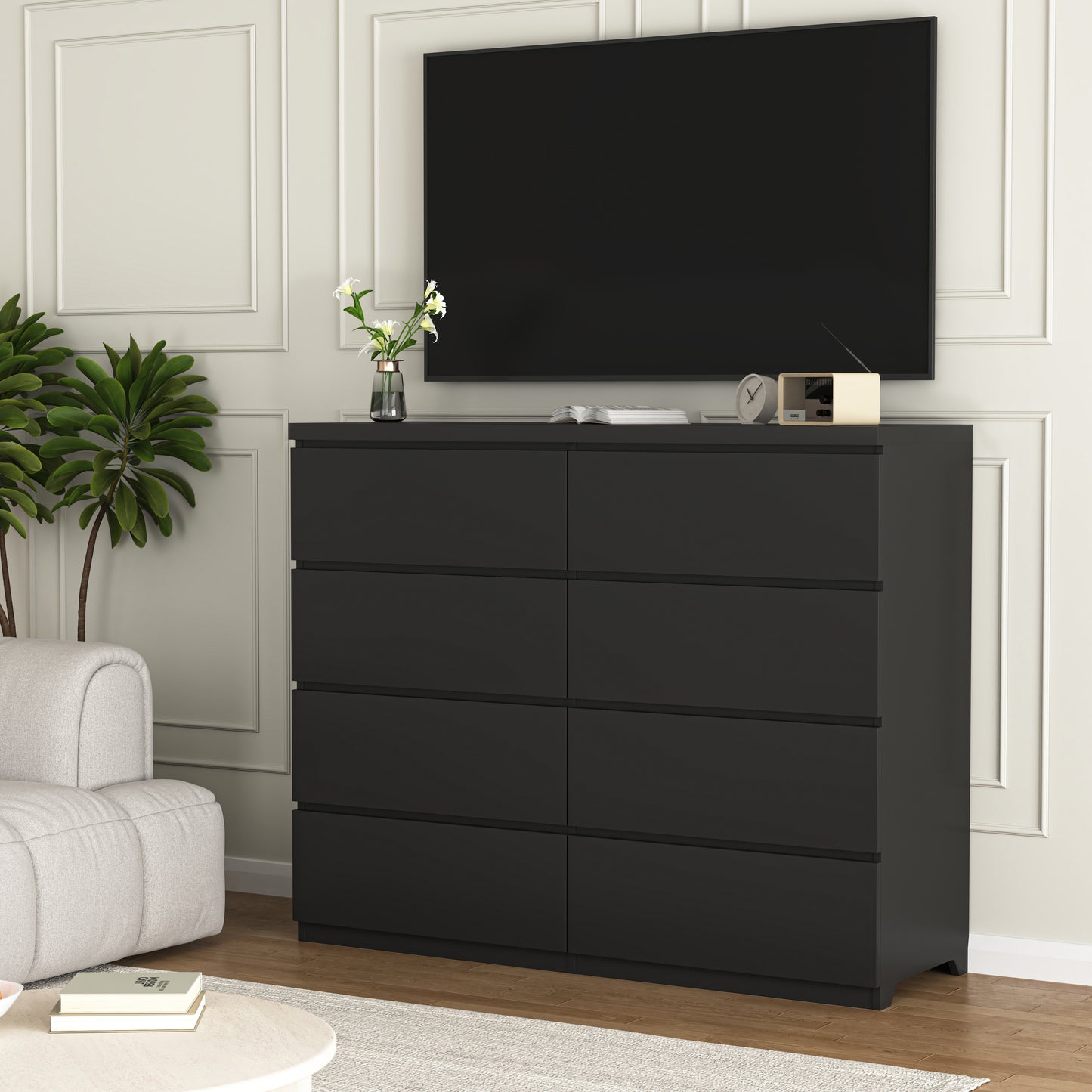 8 Drawers Dresser For Bedroom, Wood Bedroom Dresser Modern Drawer Chest, 8 Chest Of Drawer, Tall Dresser For Closet, Dressers Organizer For Living Room, Closet,Black