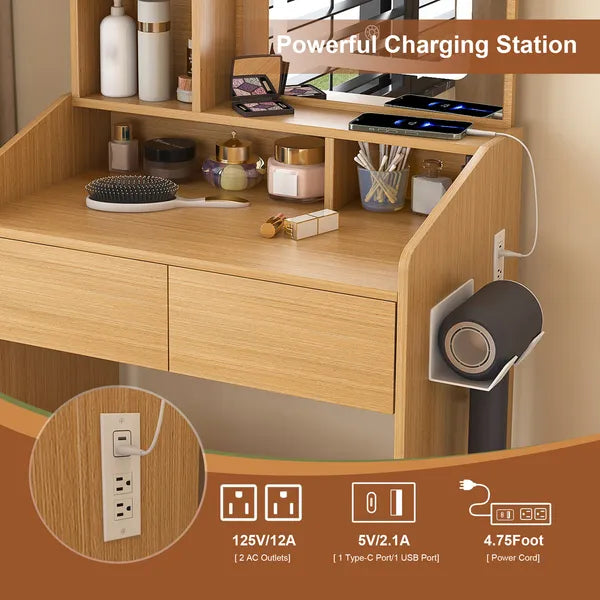 Vanity Table With LED-Illuminated Mirror, Power Outlet, Hairdryer Holder & Stool - Compact Dressing Desk For Small Bedrooms-Wood