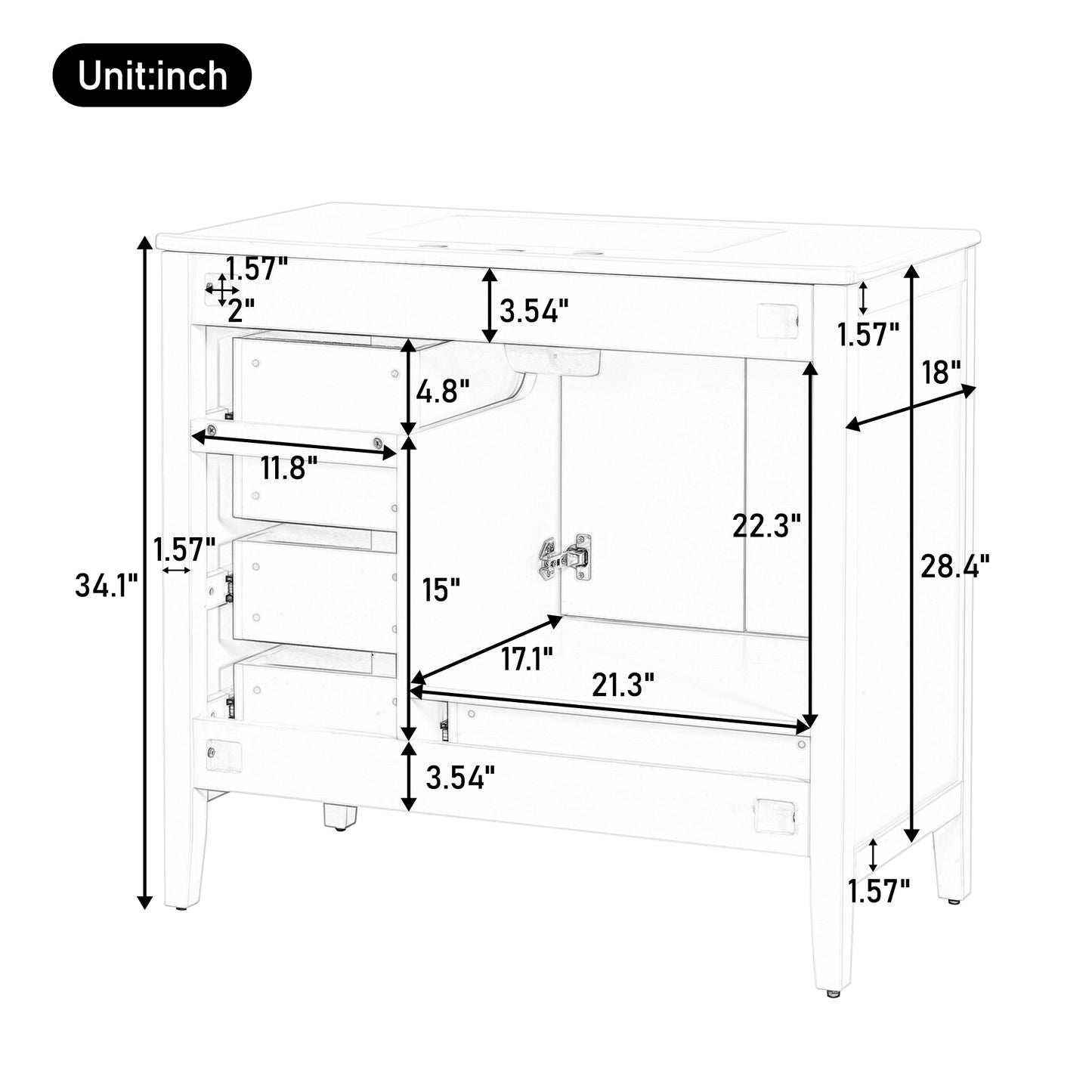 36  Bathroom Vanity With Sink, Bathroom Cabinet With Soft-Closing Door, 4 Drawers Of Different Sizes, Solid Wood Frame And Leg, Two Packages, White