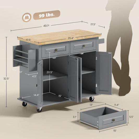 Kitchen Island Cart With Rubber Wood Top, Rolling Kitchen Island Table On Wheels With Drawers, Adjustable Shelves, Spice Rack And Towel Rack For Dining Room, Gray