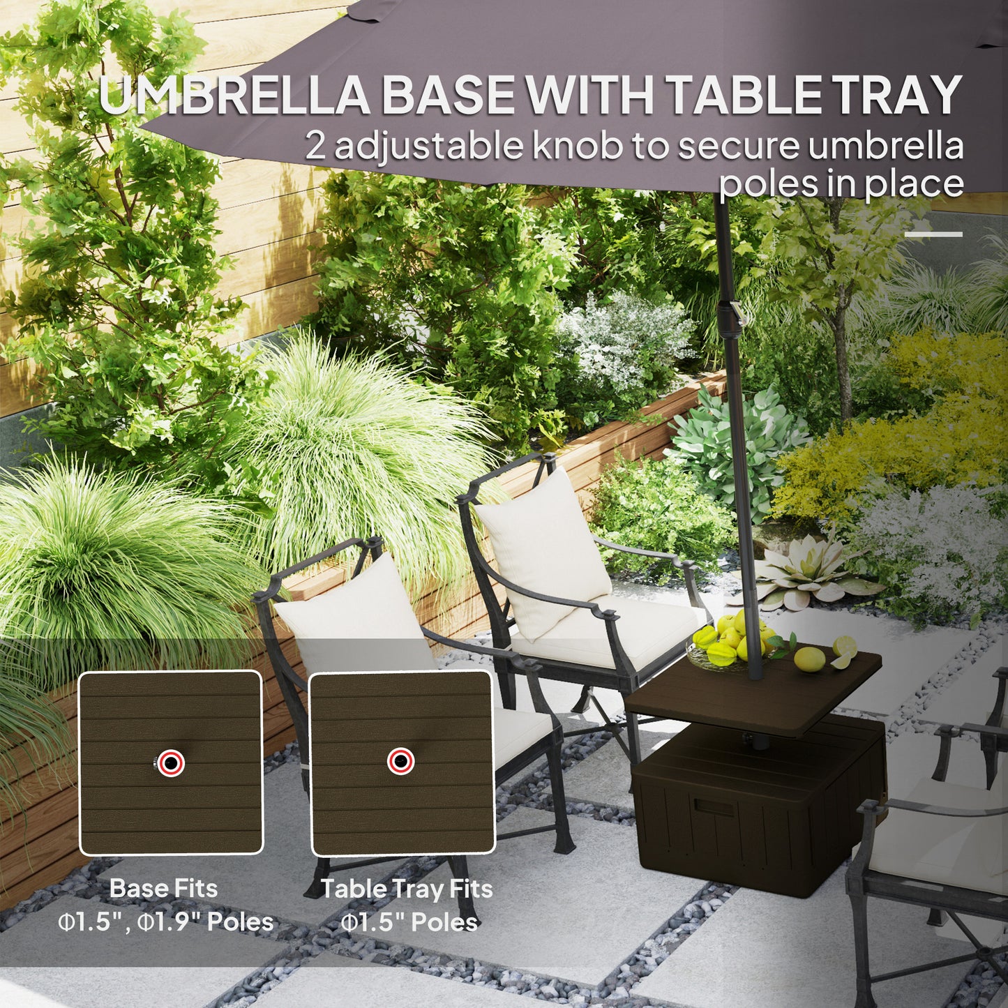 3-in-1 Outdoor Umbrella Base With Table Tray, Coffee End Table, Planter Box With Drain Hole, 175 Lbs. Capacity Heavy Duty Fillable Patio Umbrella Stand Table With Wheels And Handles, Brown