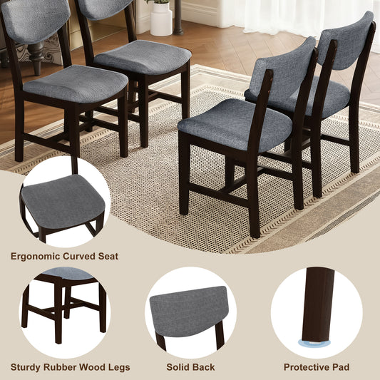 4-Piece Rustic Farmhouse Dining Chair - Solid Wood Frame With Gray Fabric Cushion, Upholstered Accent Chair For Kitchen, Dining Room, Living Room, Espresso