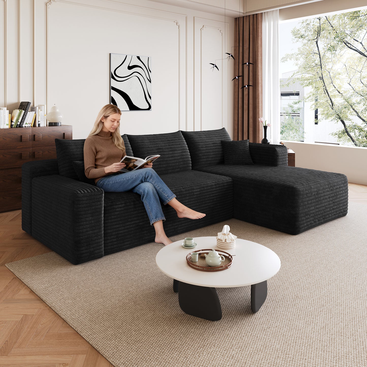 95  Cloud Sectional Sofa,Modern Minimalist Upholstered Couches, Comfort U Shaped Sofa For Living Room,Deep Seat Corner Couch,No Assembly Required,Black  Plush Corduroy Fabric