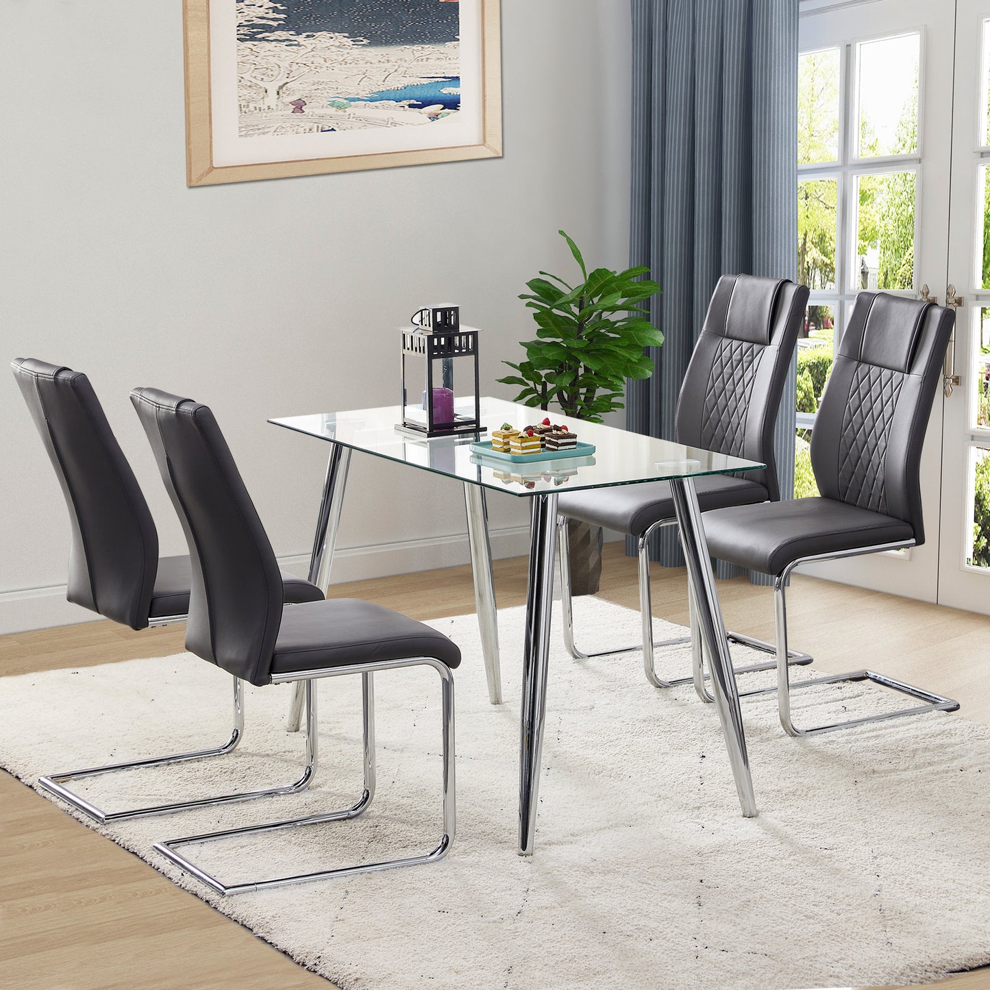Modern Dining Chairs With Faux Leather Padded Seat Dining Living Room Chairs Upholstered Chair With Metal Legs Design For Kitchen, Living, Bedroom, Dining Room Side Chairs Set Of 8   Black  PU   C-001