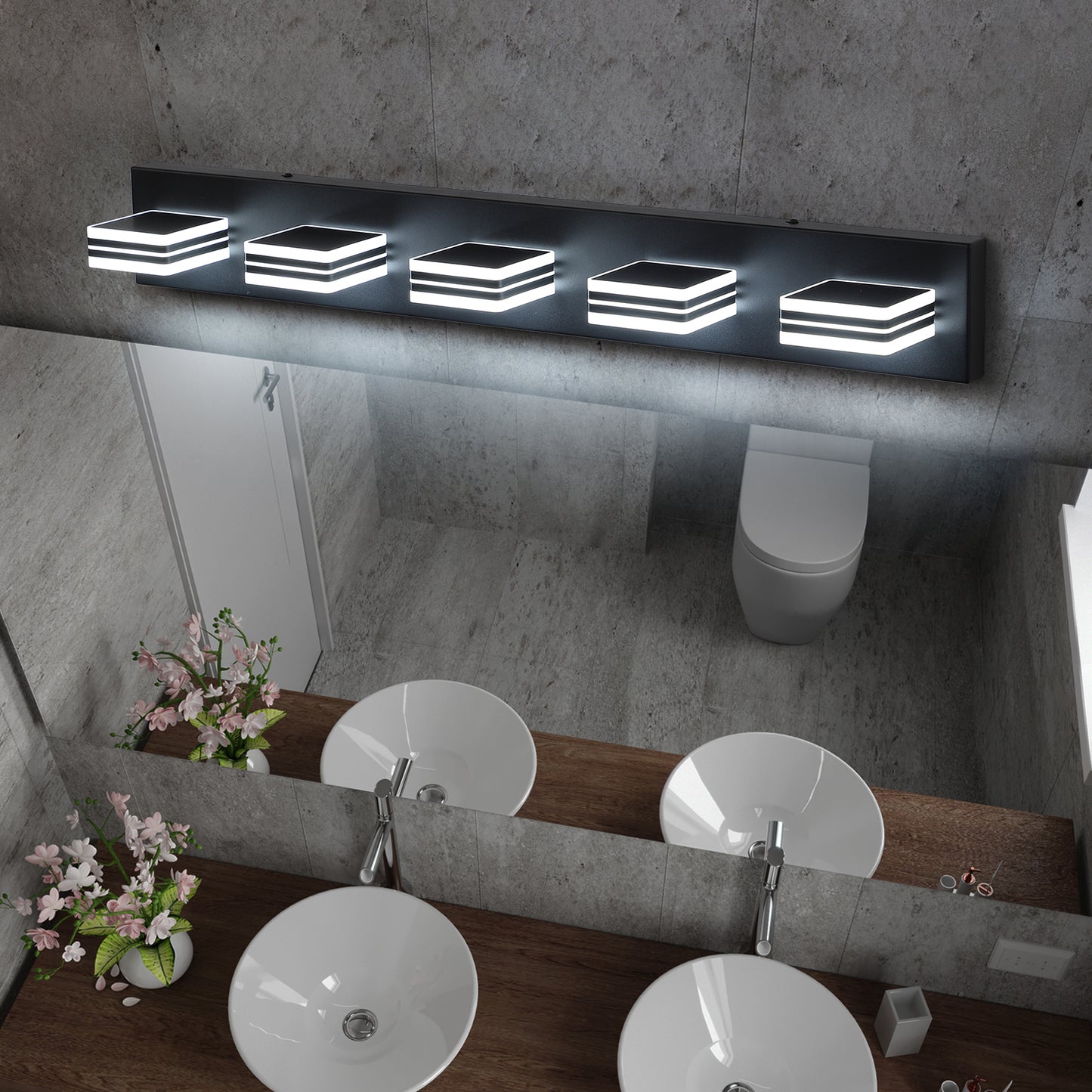 32in  Modern Black 5-Light LED Vanity Light, Square Acrylic Lampshades Wall Mount Fixture For Bathroom, Mirror Lighting