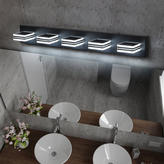 32in  Modern Black 5-Light LED Vanity Light, Square Acrylic Lampshades Wall Mount Fixture For Bathroom, Mirror Lighting