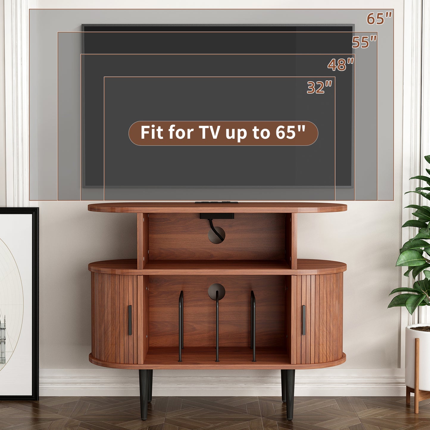 Large Round Record Player Stand With Charging Station & USB Ports, Record Storage Cabinet, Mid Century Modern Turntable Stand For Bedroom Living Room WALNUT