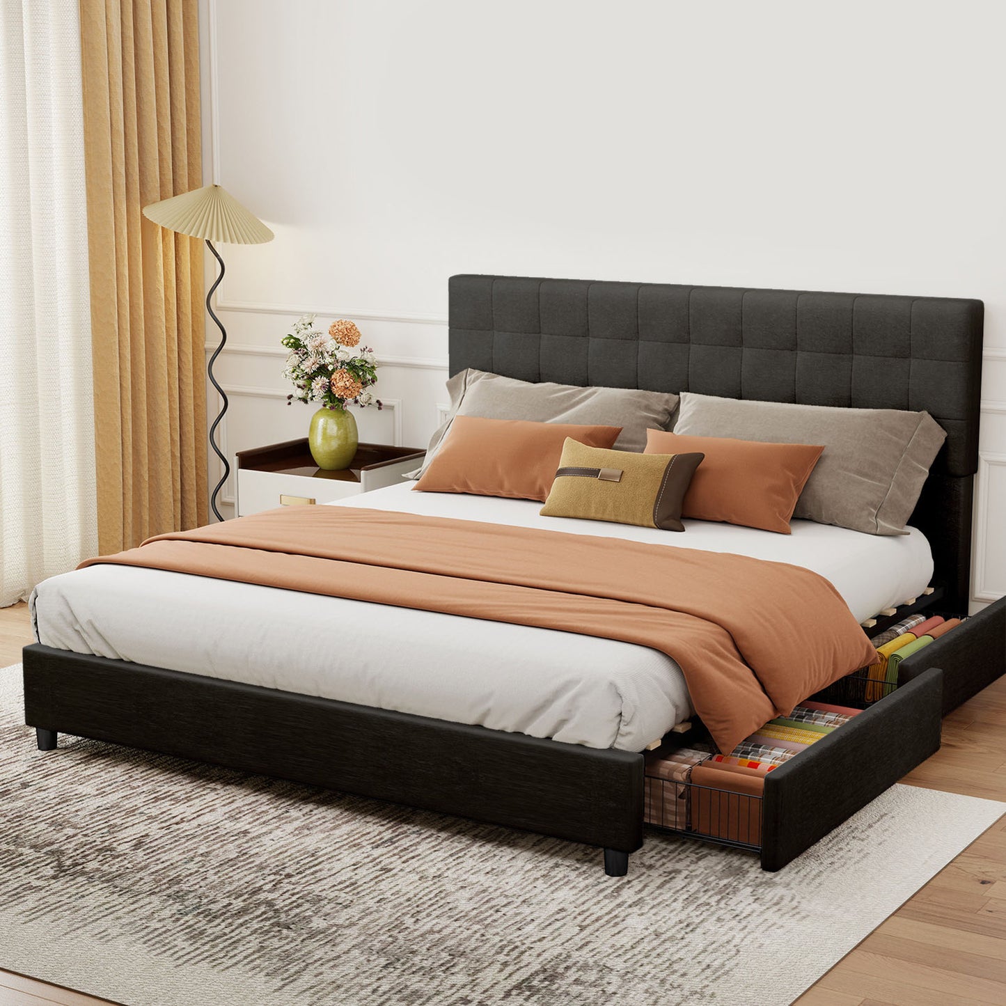 King Size Bed Frame Upholstered Vertical Channel Headboard Bed Frame With 4 Storage Drawers Wood Slats No Box Spring Needed Easy Assembly For Bedroom