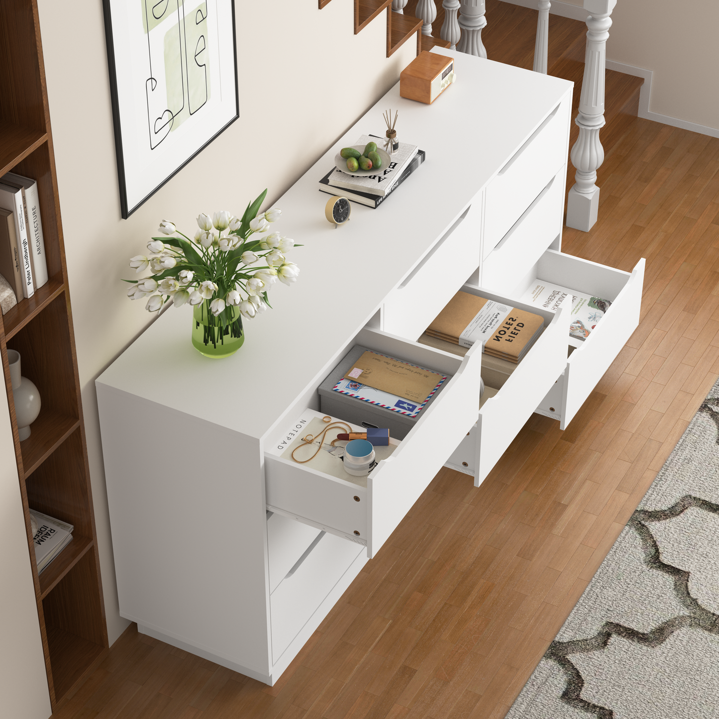 9 Drawer Dresser For Bedroom With Deep Drawers, Large Floor Wood Dressers & Chest Of Drawers , Modern White Long Dressers For Closet Living Room