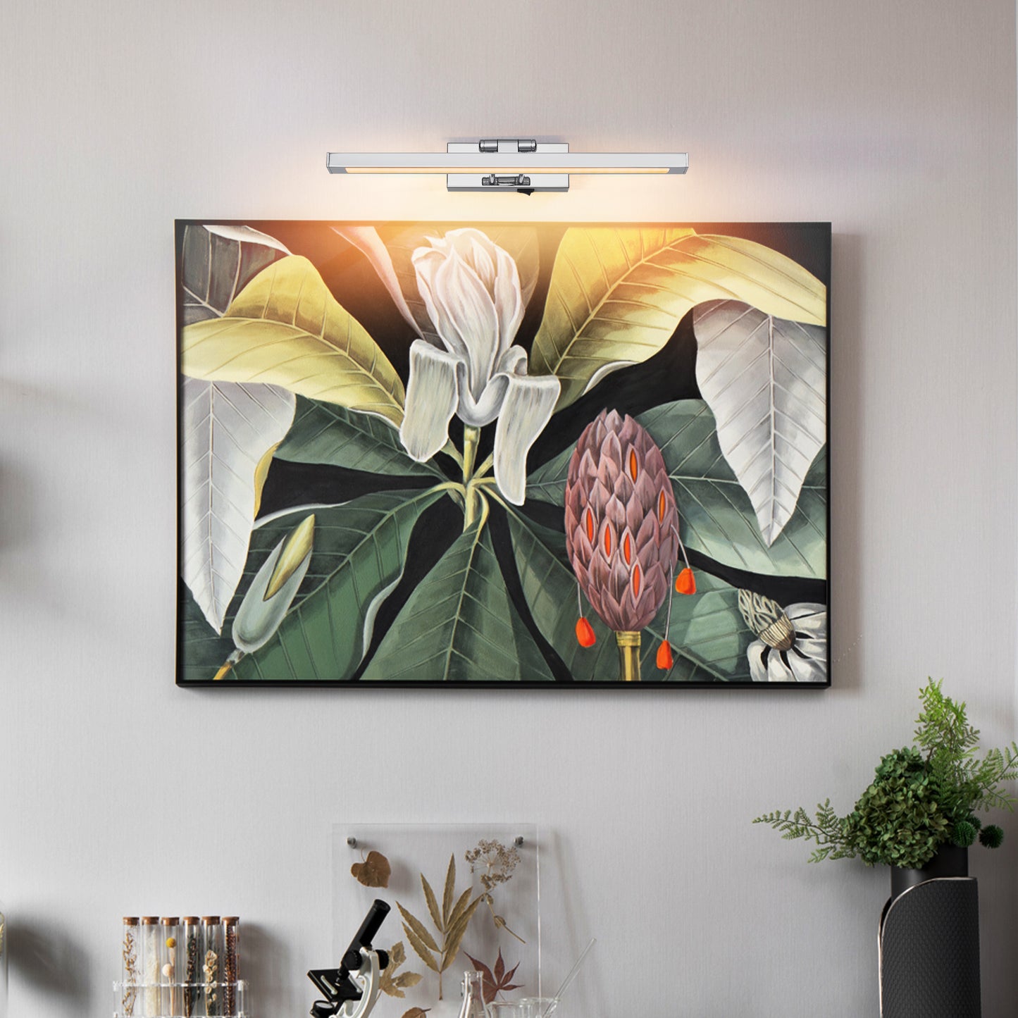 Battery Picture Light, 16 Inch Wireless Picture Light For Painting With Remote,Full Metal Rechargeable Art Light,Wall Sconce Display Lighting For Portrait, Photo Frame,Gallery, Chrome