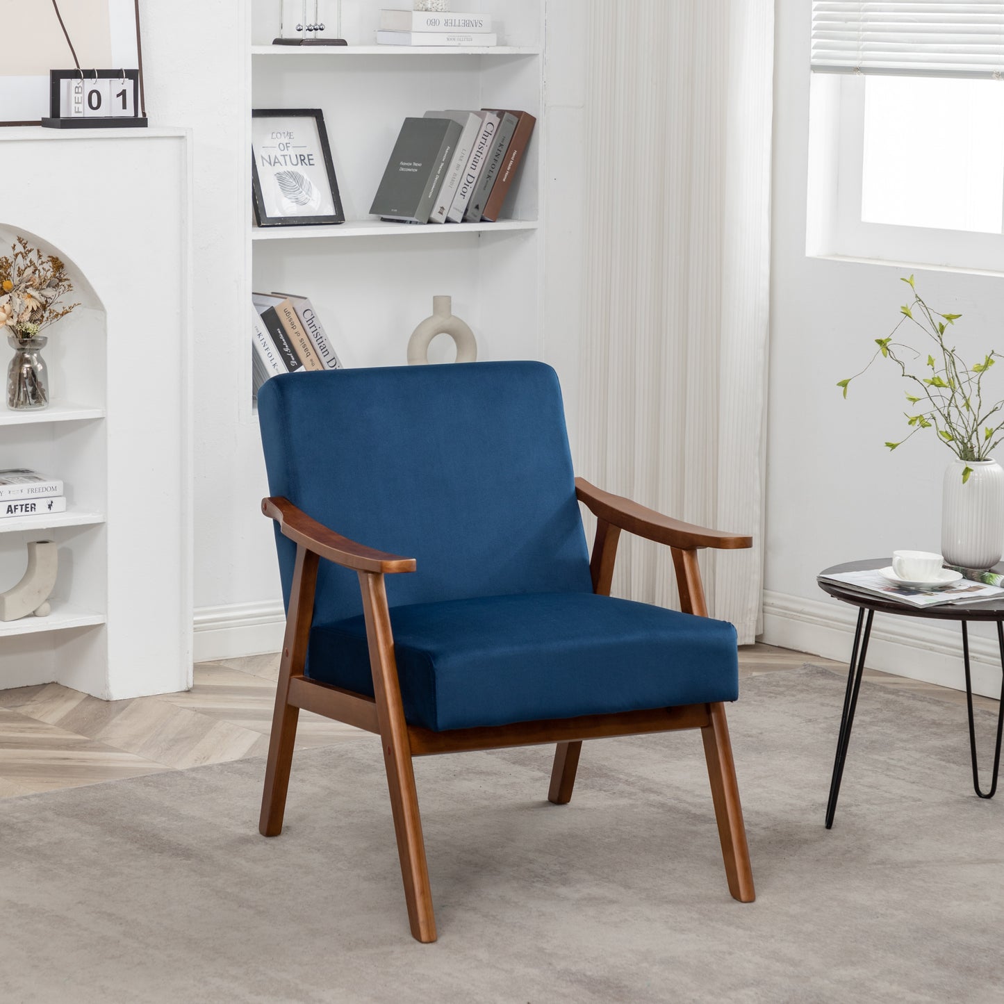 Accent Chair With Velvet Upholstery And Solid Wood Frame, Classic Mid-Century Modern Living Room Furniture For Extra Seating, Dark Blue
