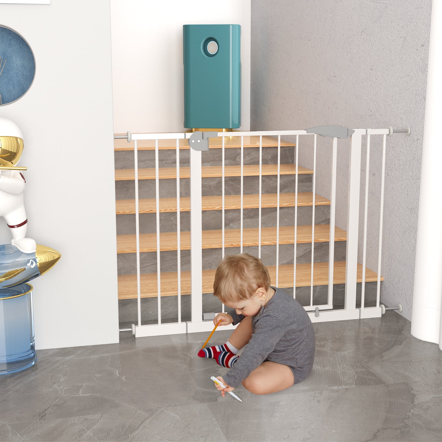 29.5-45.3 Wide Baby Gate For Stairs, Dog Gate Indoor For Doorways, No Drilling Pressure Mounted Pet Gates For Kids, Easy Walk Through Safety Gate, White