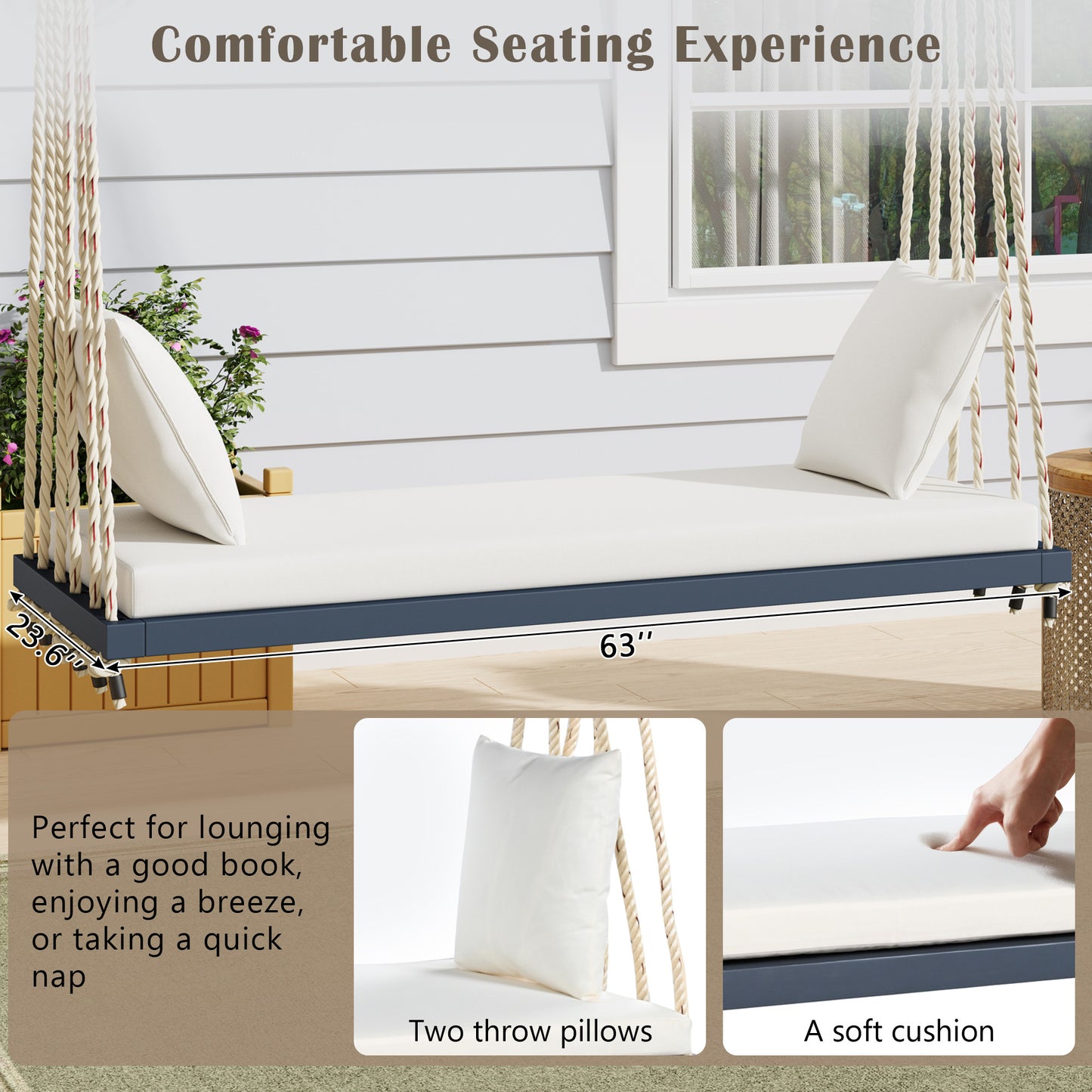 TOPMAx Patio Wooden Swing Chair  Hanging Porch Swing Bench With Cushion&Pillows  10.8Ft Hemp Ropes For Garden  Lawn Gray