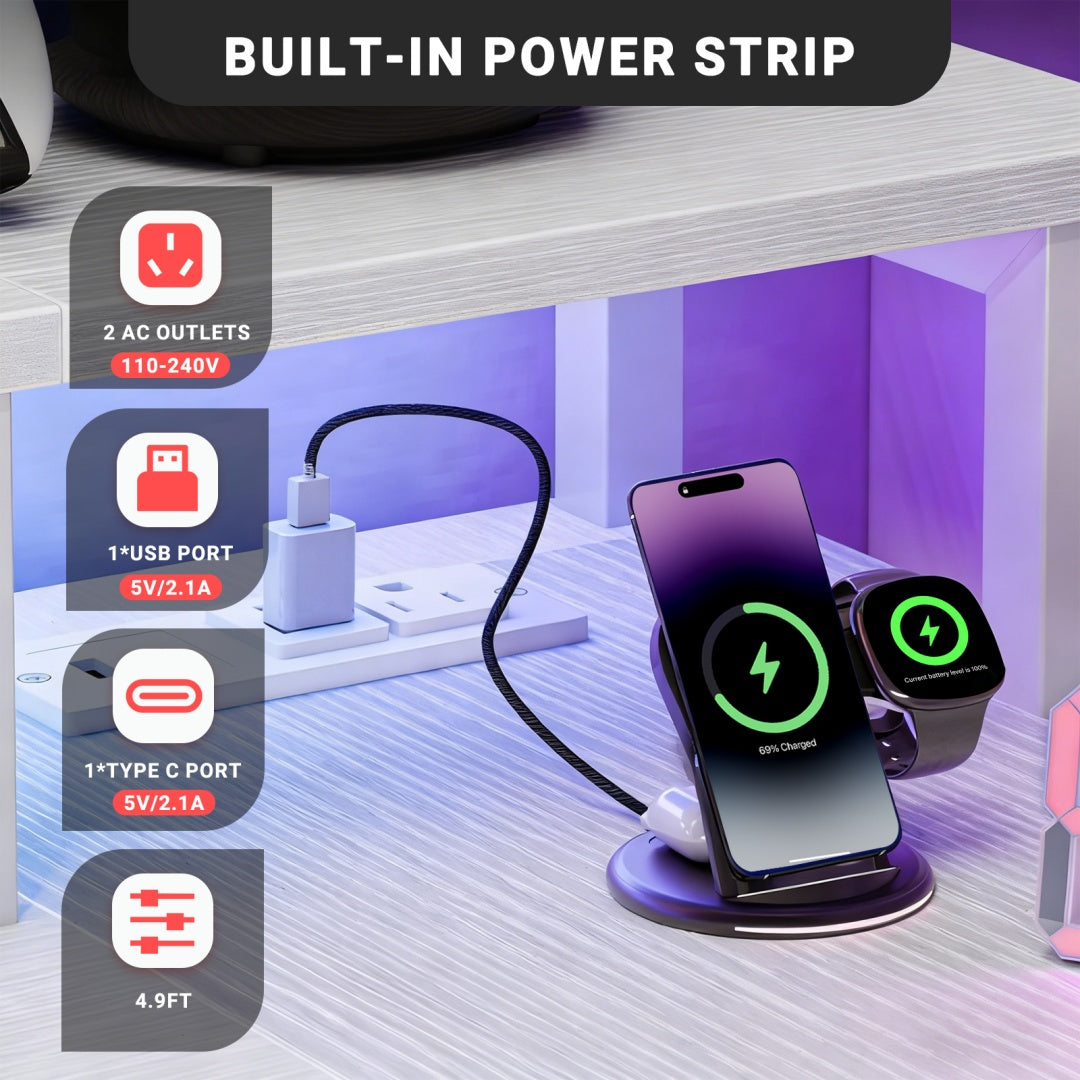 53-inch Gaming Table With USB Charging Port And LED Light, Reversible L-shaped Table With Power Socket And Monitor Stand
