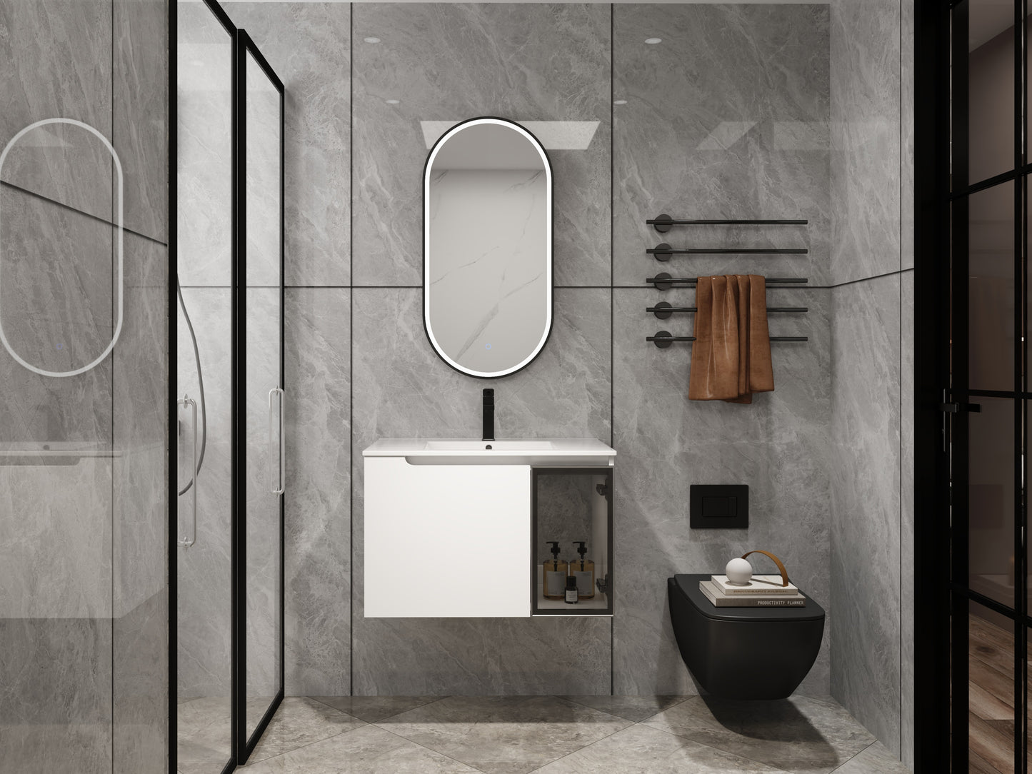30  Wall-Mounted Bathroom Vanity With Ceramic Sink, 2-Soft Close Doors,Glossy White Vanity & Grey Glass 1 2 Door, Plywood  KD-Packing