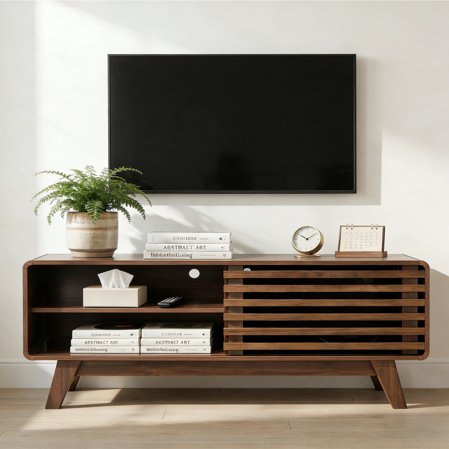 TV Stand With Storage, Entertainment Center With Slatted Sliding Door, Mid Century Modern TV Stand, Farmhouse Media Console For Living Room Walnut, 46
