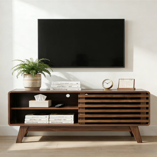 TV Stand With Storage, Entertainment Center With Slatted Sliding Door, Mid Century Modern TV Stand, Farmhouse Media Console For Living Room Walnut, 46