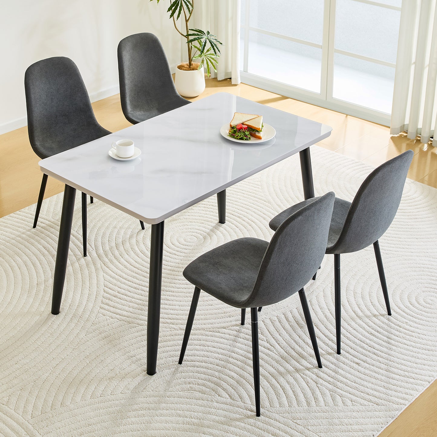 Table And Chair Set.Modern Rectangular Dining Table,suitable For 4-6 People.White Tempered Glass Countertop Lower MDF Board.Paired With 4 Dark Gray Linen-Cotton Material Dining Chair With Metal Leg.