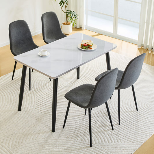 Table And Chair Set.Modern Rectangular Dining Table,suitable For 4-6 People.White Tempered Glass Countertop Lower MDF Board.Paired With 4 Dark Gray Linen-Cotton Material Dining Chair With Metal Leg.