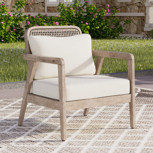 Outdoor Acacia Wood Patio Club Chair, Patio Furniture,Waterproof Thick Cushion Deep Seating For Porch, Garden, Backyard, Balcony, Weight Capacity 400lbs, Light Brown Finish, Cream Cushion