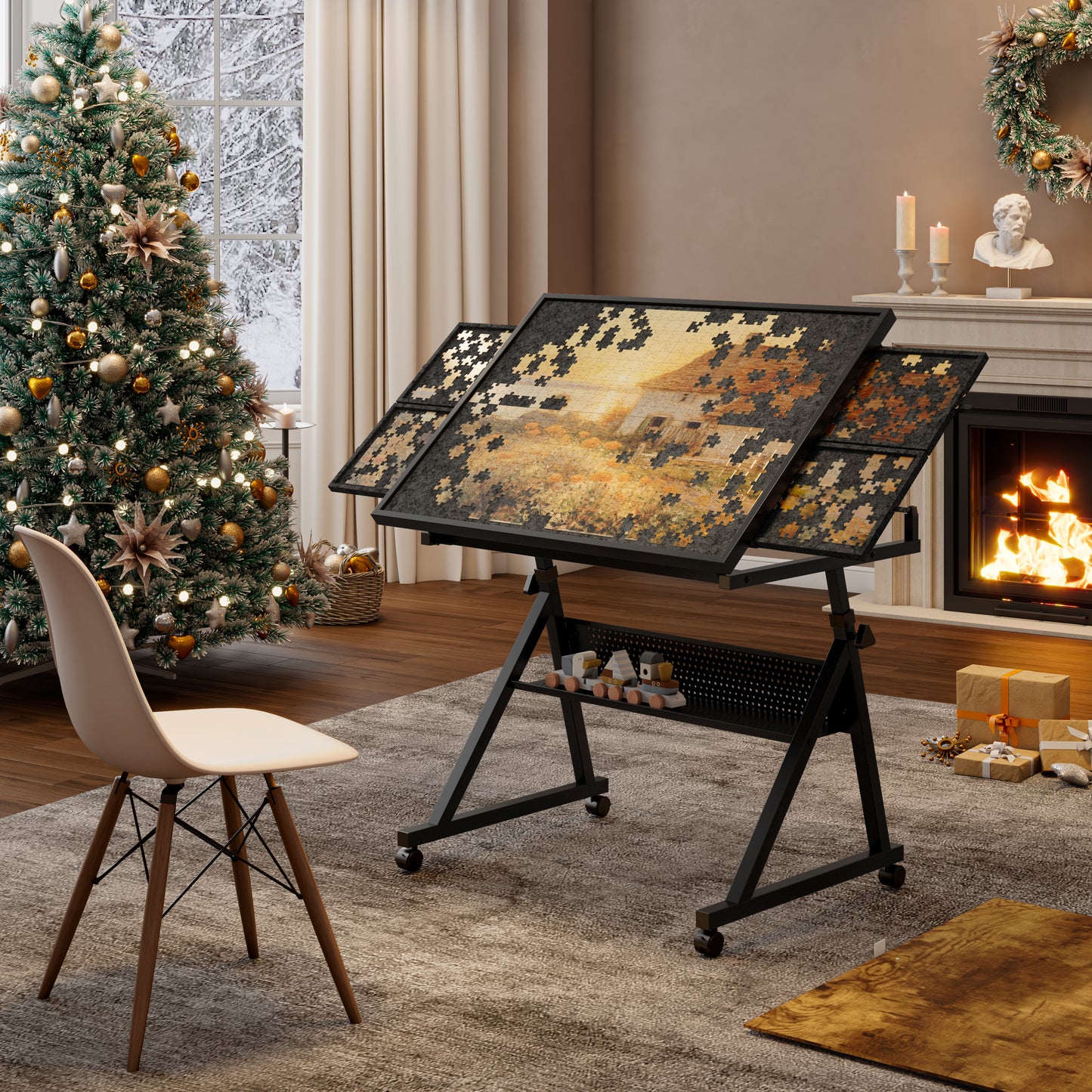 1500 Pieces Jigsaw Puzzle Metal Table Board For Adults Gift With 4 Trays Black