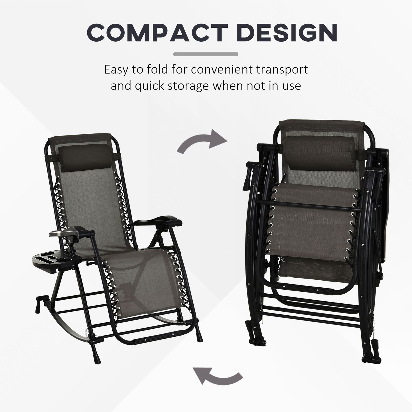Outdoor Rocking Chairs, Foldable Reclining Zero Gravity Lounge Rocker With Pillow, Cup & Phone Holder, Combo Design With Folding Legs, Gray