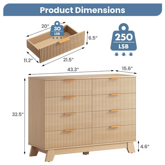 Fluted Wooden Dresser, Modern Chest Of Drawers, Heightened Legs, Bedroom, Natural
