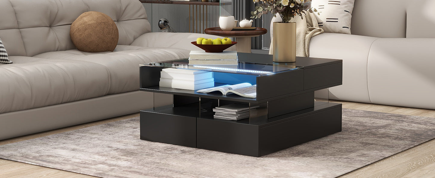 VIBE HAUS  Lift-Top Coffee Table With 2 Drawers, Modern Square Coffee Table With Glass Top And High-Gloss Finish, Hidden Space And LED Lights For Living Room
