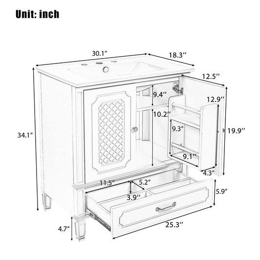 Video 30  Bathroom Vanity With Sink Vintage Style, Multi-functional Storage Space, Door Shelf, Soft-closing Door, Green  Same Sku N759P218644F