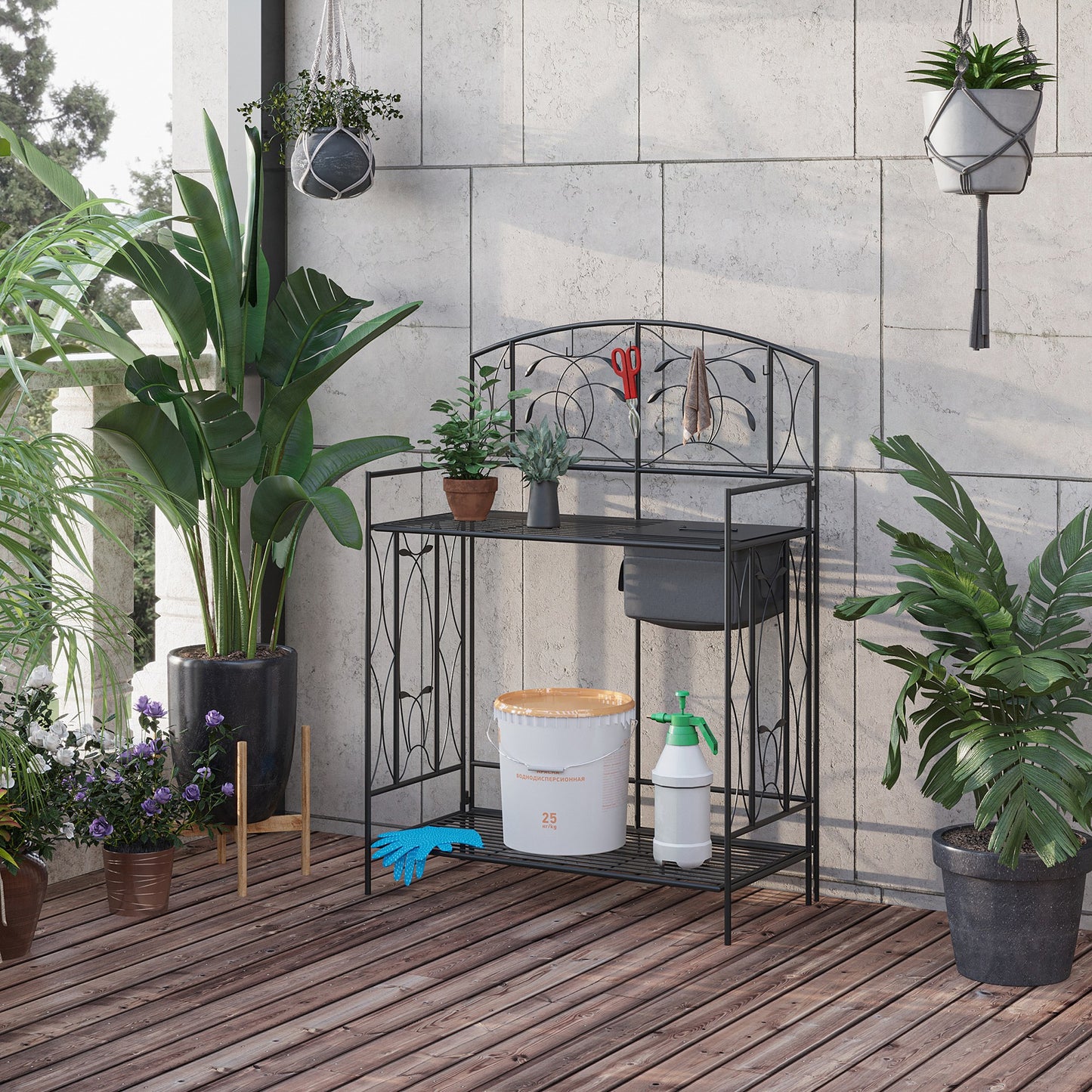 Folding Potting Bench Table, Metal Garden Workstation, Work Bench With Large Built-in Bag With Cover, 5 Hanging Hooks & Storage Shelf, Leaf Pattern