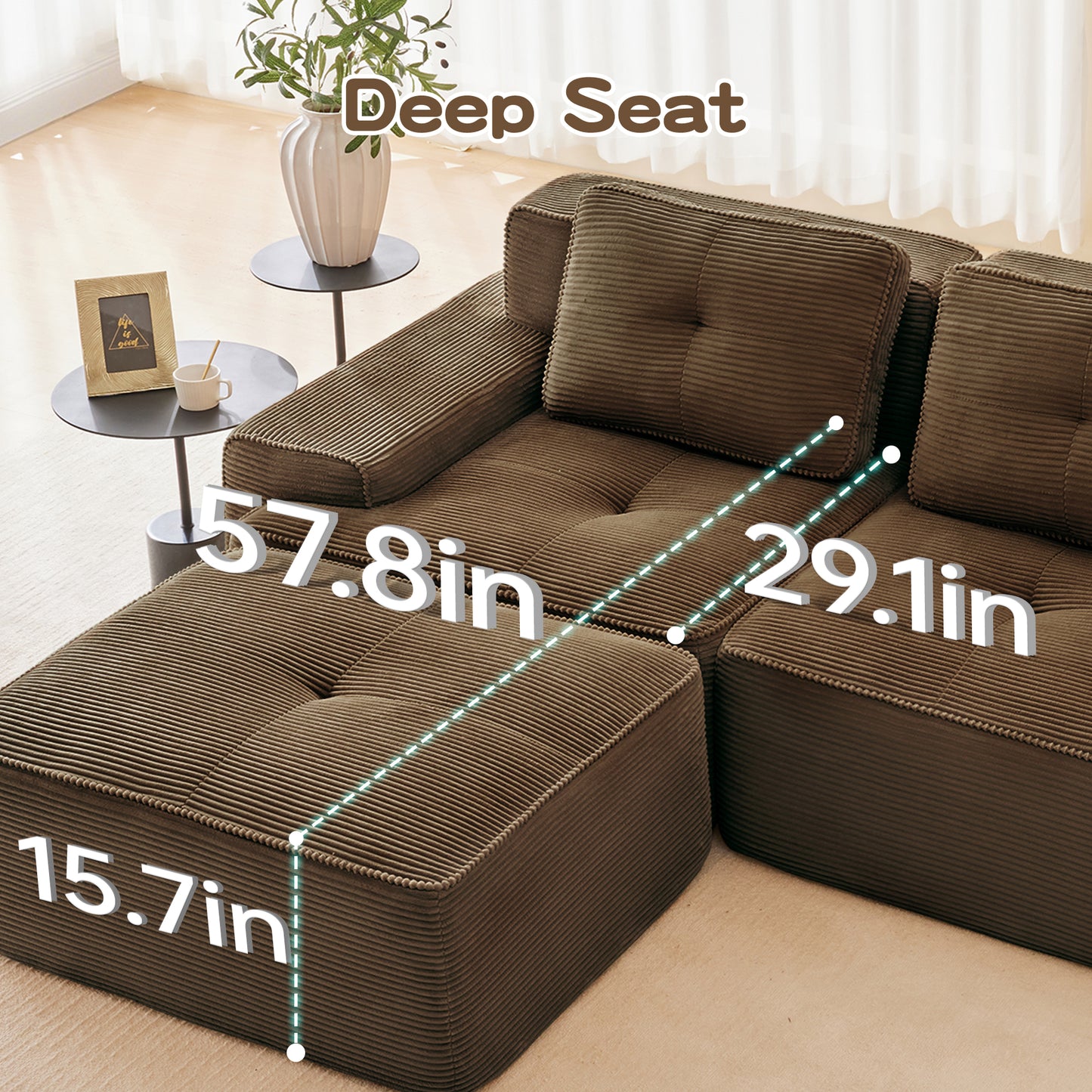 82 Modern L-Shaped Modular Sectional Sofa For Living Room, Corduroy Fabric, 2-Seater Couch With Deep Seat And Movable Ottoman, Pearl-like Piping, Tufted Design, No Assembly, Anti-slip Design, Brown