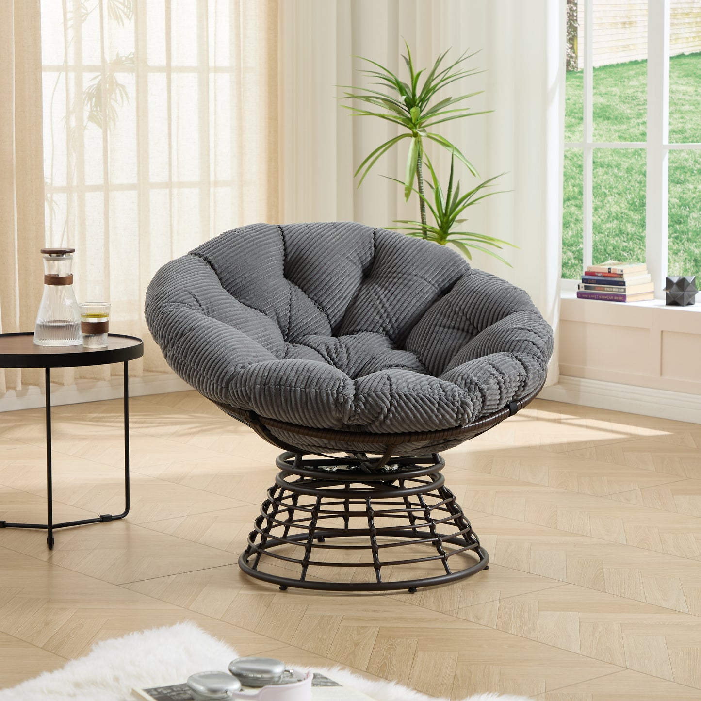 Comfortable Ergonomic Wicker Papasan Chair, 360 Swivel Indoor Outdoor Rattan Chair With Soft Thick Cushion, Ideal For Living Room, Bedroom, Reading Room, Brown Frame With Grey Cushion