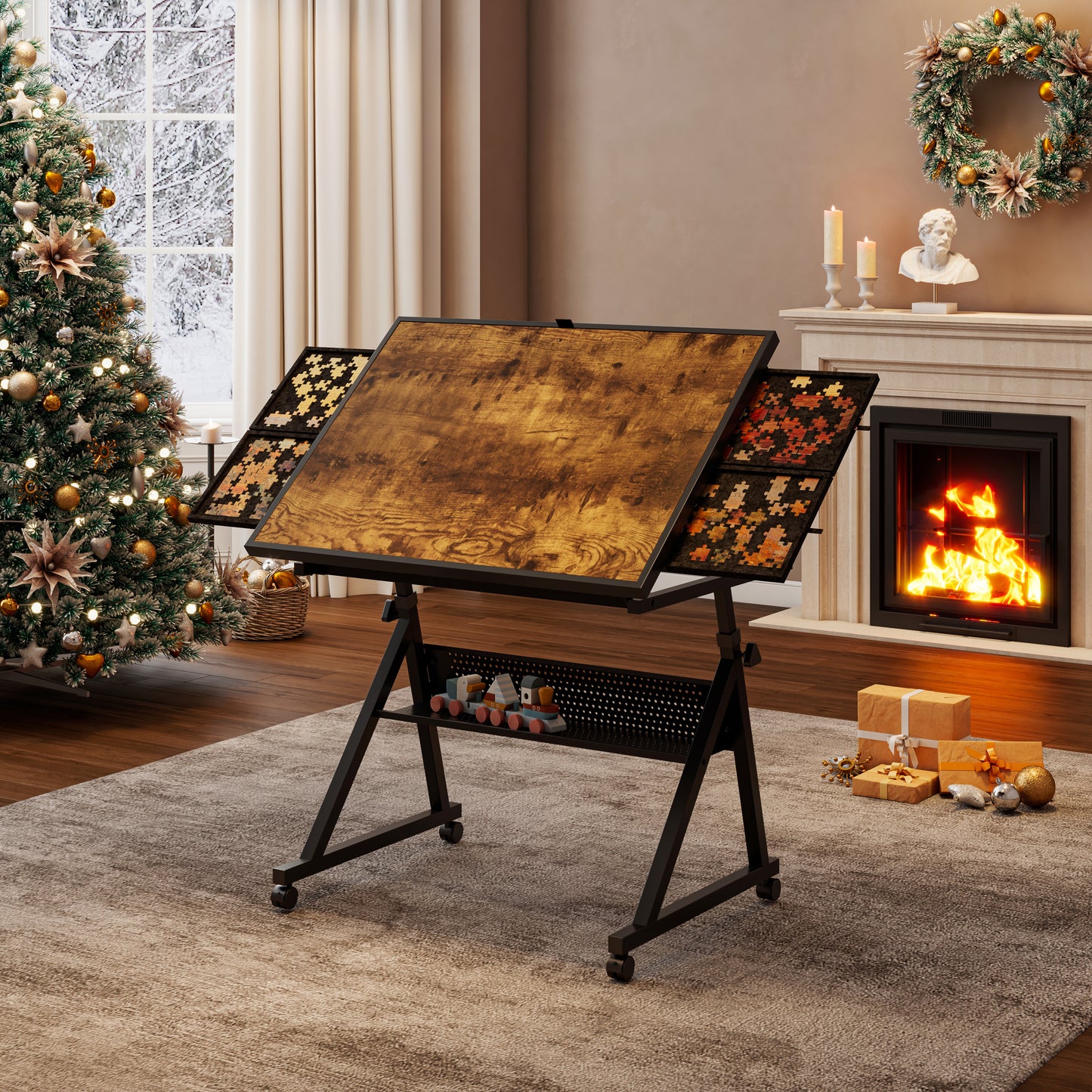 1500 Pieces Jigsaw Puzzle Metal Table Board For Adults Gift With 4 Trays Black