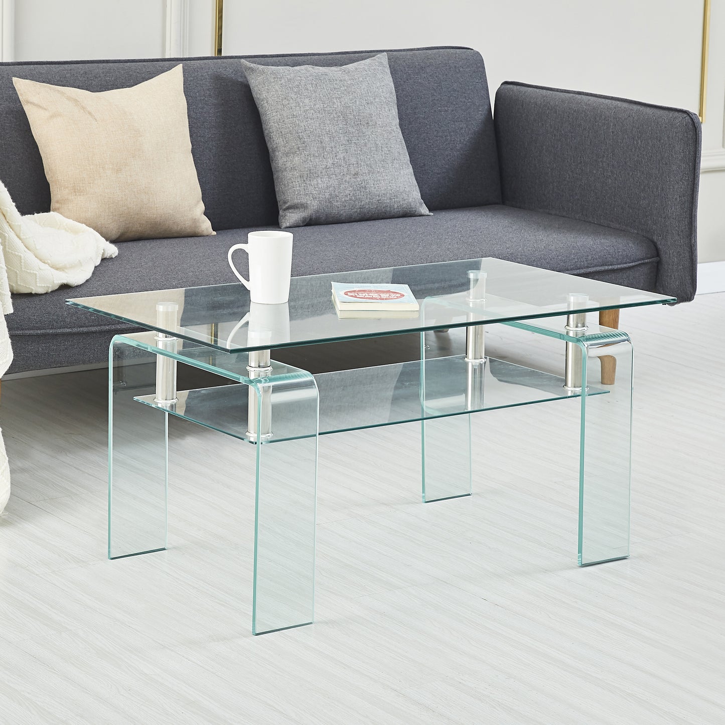 Rectangle Clear Glass Coffee Table, Modern Glass Coffee Table For Living Room, 2-Tier Storage Center Coffee Table,Tempered Glass Tea Table