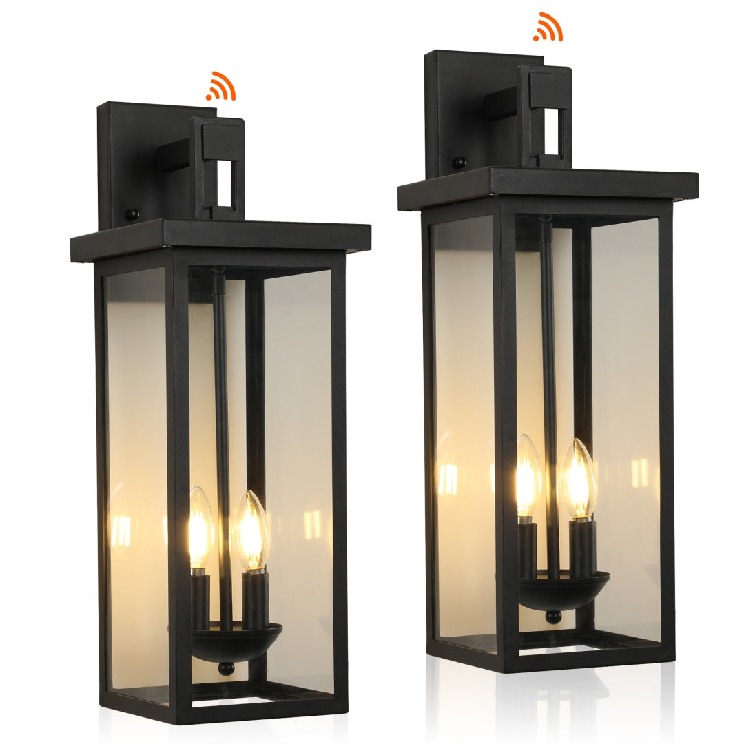 2-Pack 22.0  Outdoor Wall Lantern With Dusk To Dawn Sensor, Matte Black Finish, Clear Glass Panels, Weatherproof Exterior Light For Porch, Patio, Garage, 2-Light Design -Bulb Not Included