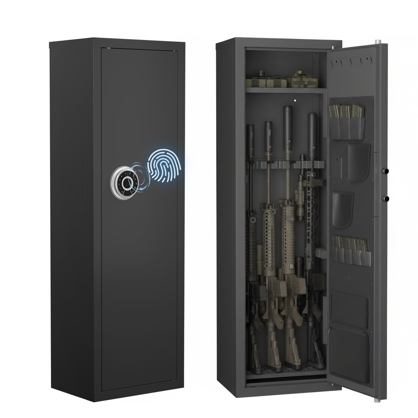 Biometric Gun Safe For Rifles And Pistols, 12-15 Large Gun Cabinet With Fingerprint & Digital Keypad, Adjustable Racks And Door Organizer, Cold-Rolled Steel, Black