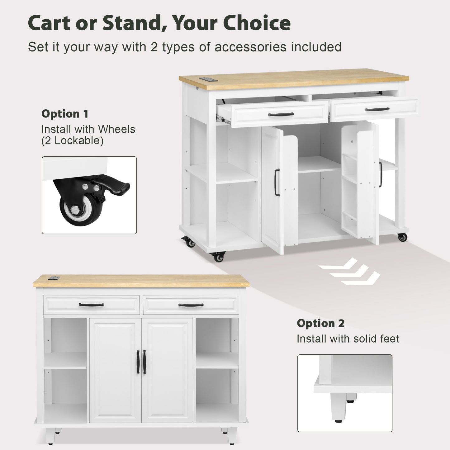 K&K 47 Inch Kitchen Island With Extendable Dining Table, Rubber Wood Veneer Kitchen Table With Internal Storage Rack, Power Outlet, Kitchen Island With Storage 2 Drawers 2 Cabinet,White