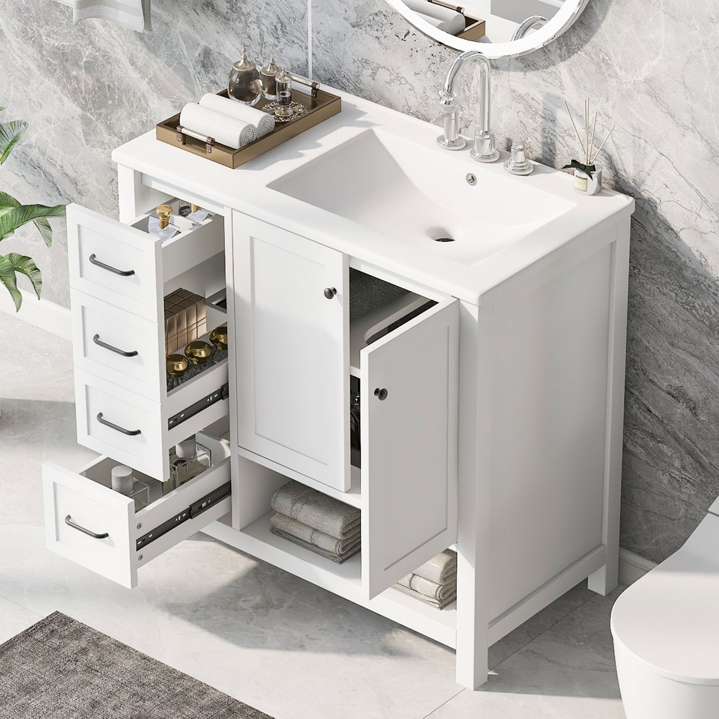 36  Bathroom Vanity With Sink Top, Bathroom Vanity Cabinet With Two Doors And Two Drawers, Solid Wood, Open Shelf, MDF Boards, Two Packages, White  Old Sku N725P245278K N725P364203K