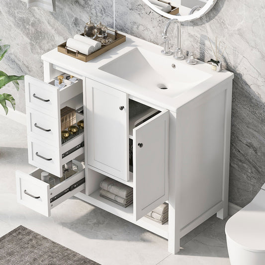 36  Bathroom Vanity With Sink Top, Bathroom Vanity Cabinet With Two Doors And Two Drawers, Solid Wood, Open Shelf, MDF Boards, Two Packages, White  Old Sku N725P245278K N725P364203K