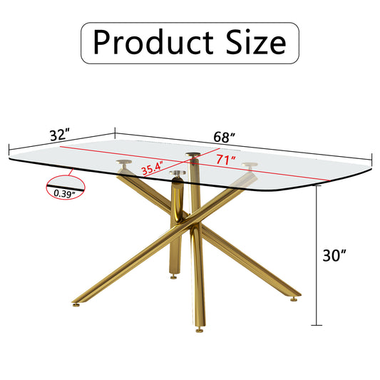 Large Modern Minimalist Rectangular Glass Dining Table With 0.39inTempered Glass Top And Gilded Metal Legs For Kitchen, Dining Room, Living Room, Meeting Room, Ballroom 71inX 35.4inX 30in.W1151S00840