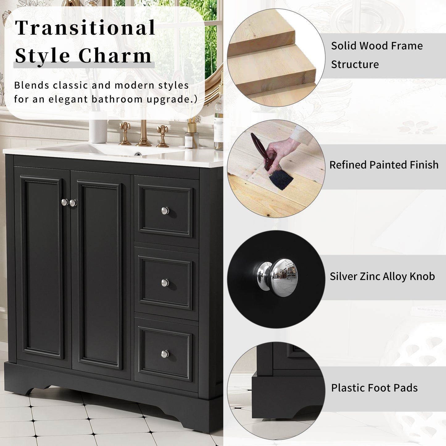 36'' Transitional Bathroom Vanity With Ceramic Sink -Features 2 Soft-close Doors, An Adjustable U-shaped Shelf, 3 Drawers  Including One With Divider , Painted Finish, And Ample Storage Space