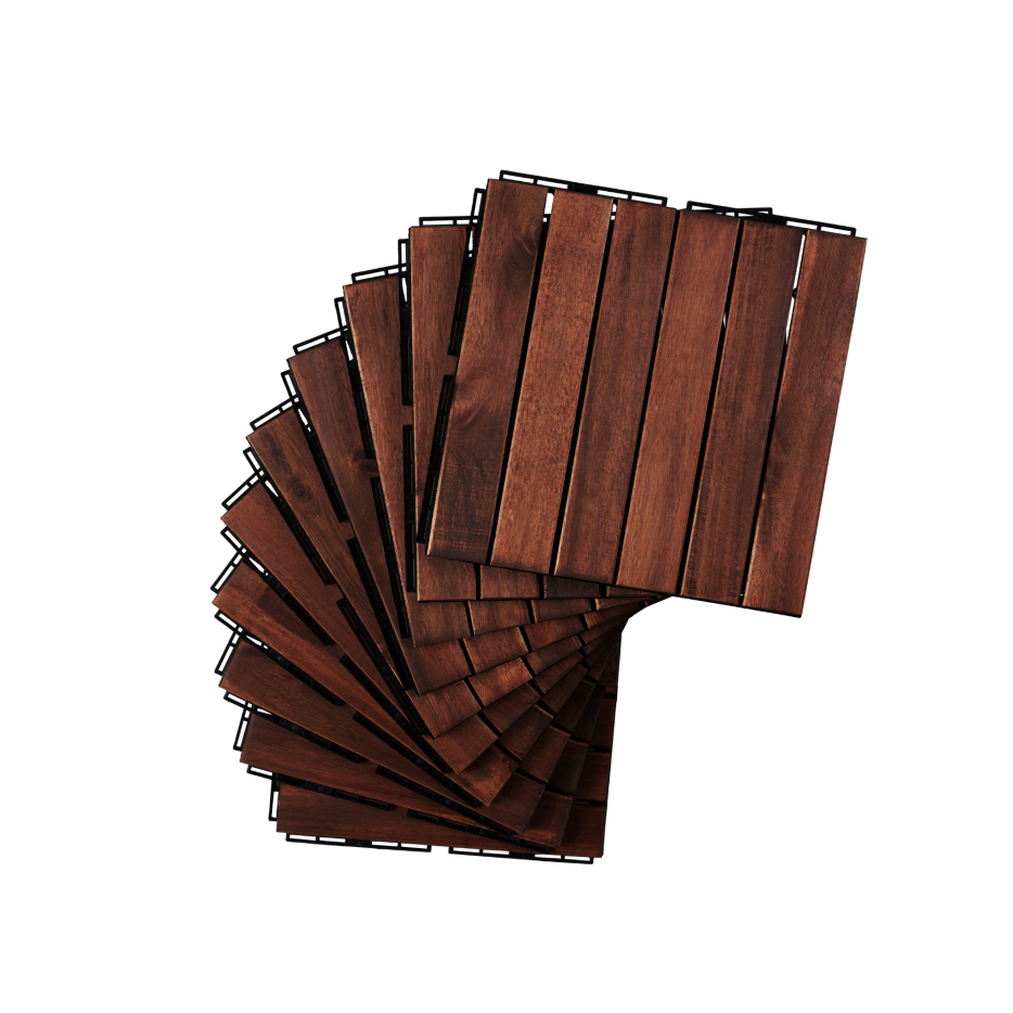 Acacia Wood Interlocking Deck Tiles Striped Pattern, 20 PCS 12inch X 12inch Square Acacia Hardwood Outdoor Flooring For Patio, Bancony, Pool Side