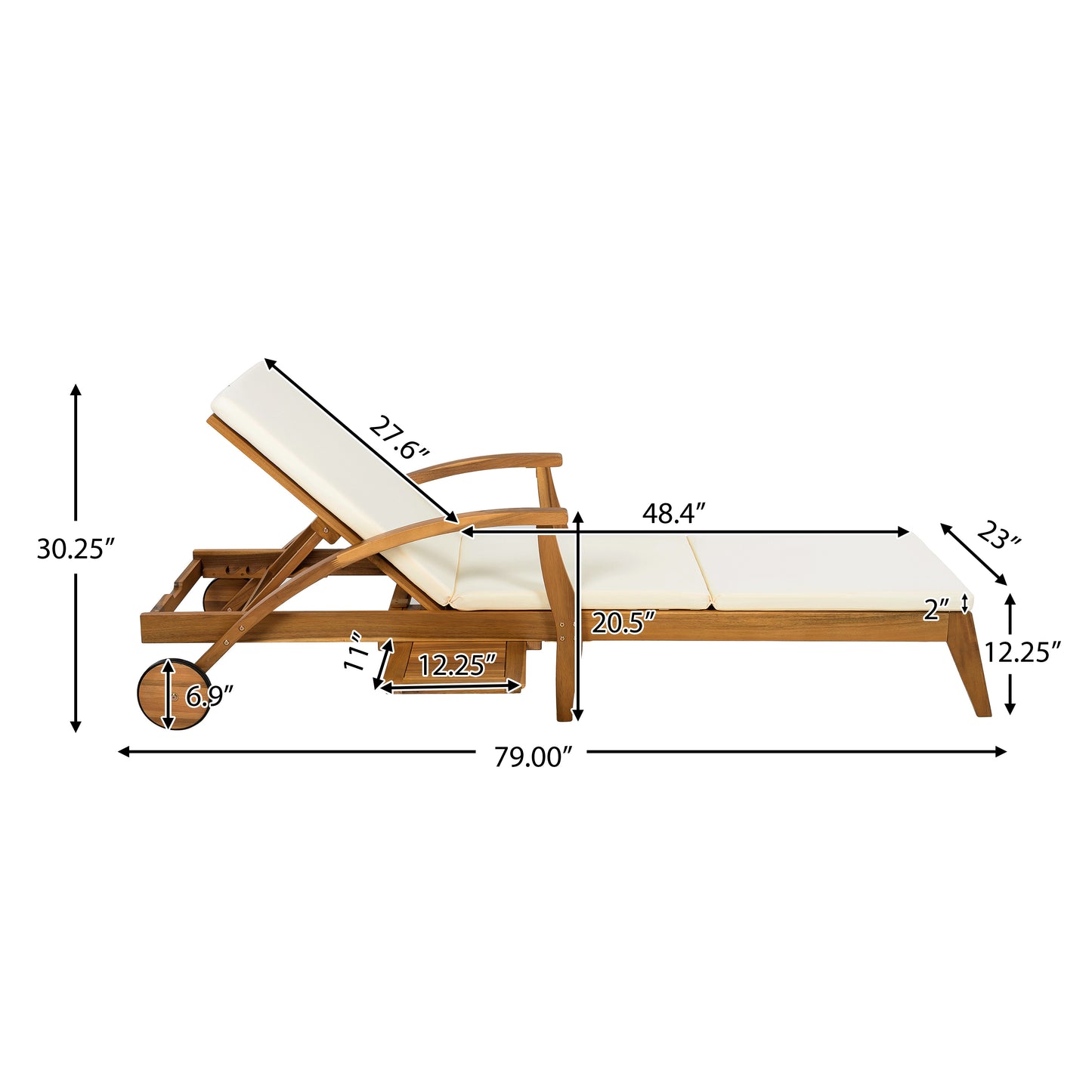 CHAISE LOUNGE WITH WHEEL - ACACIA WOOD RECLINER FOR PATIO GARDEN, WITH 2INCH WHITE CUSHION, 4-POSITION ADJUSTABLE BACKREST, VERSATILE OUTDOOR FURNITURE