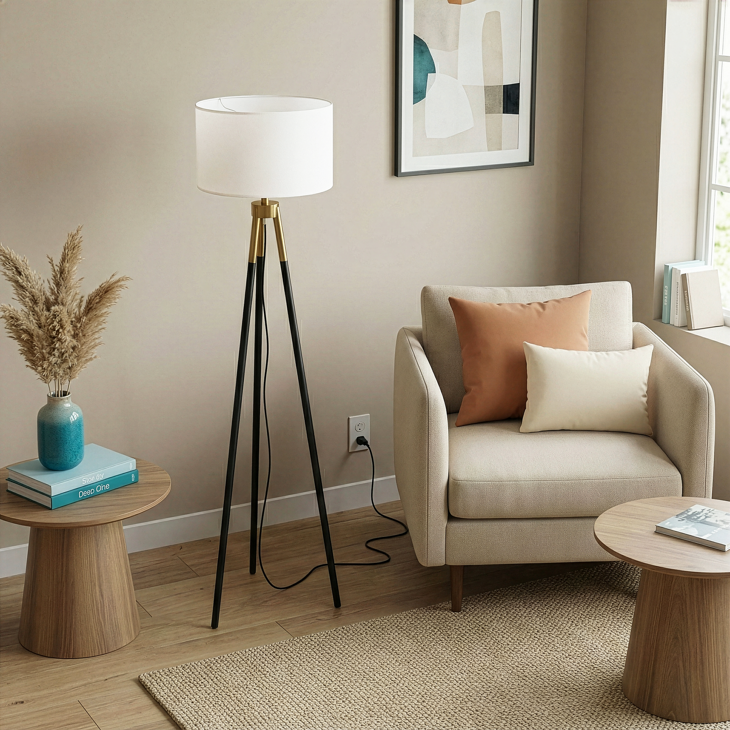 Sway Brassed Gold Floor Lamp With On Off  Triple Legs White Fabric Shade